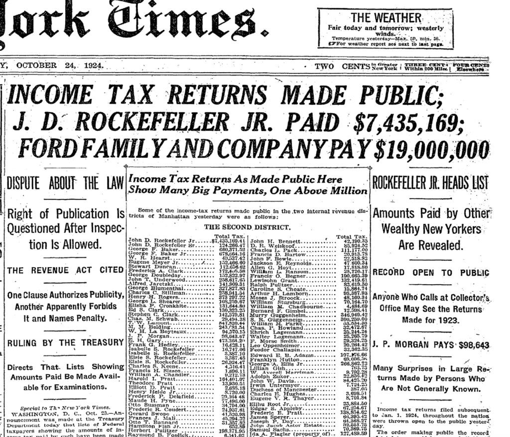 Federal income tax payments were public records that made Page 1 news a century ago, unlike today.